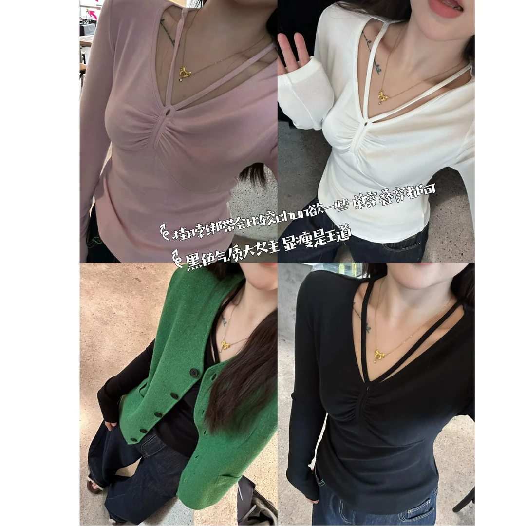 晶咕【迷人直角肩】慵懒感纯色胸前捏褶显瘦长袖T恤