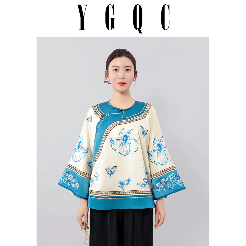 【岳光倾城】S18早春新款高端醋酸材质青花瓷新中式短款刺绣上衣