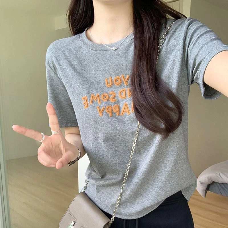 正肩气质短袖t恤女夏季新款设计感独特美式圆领韩版上衣内搭打底