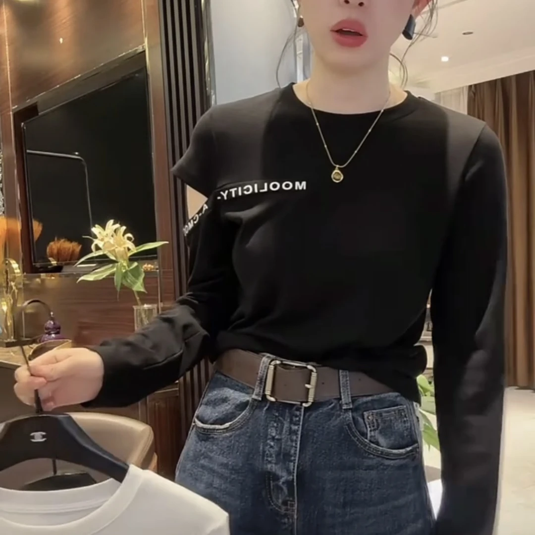 圆领宽松型镂空字母印花长袖T恤黑色打底衫ins