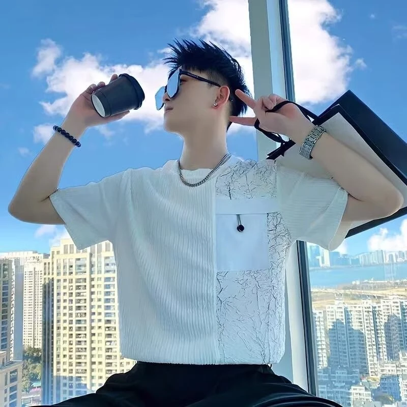 高级感拼接短袖T恤男夏季ins潮牌重磅半袖2025新款休闲上衣体恤帅