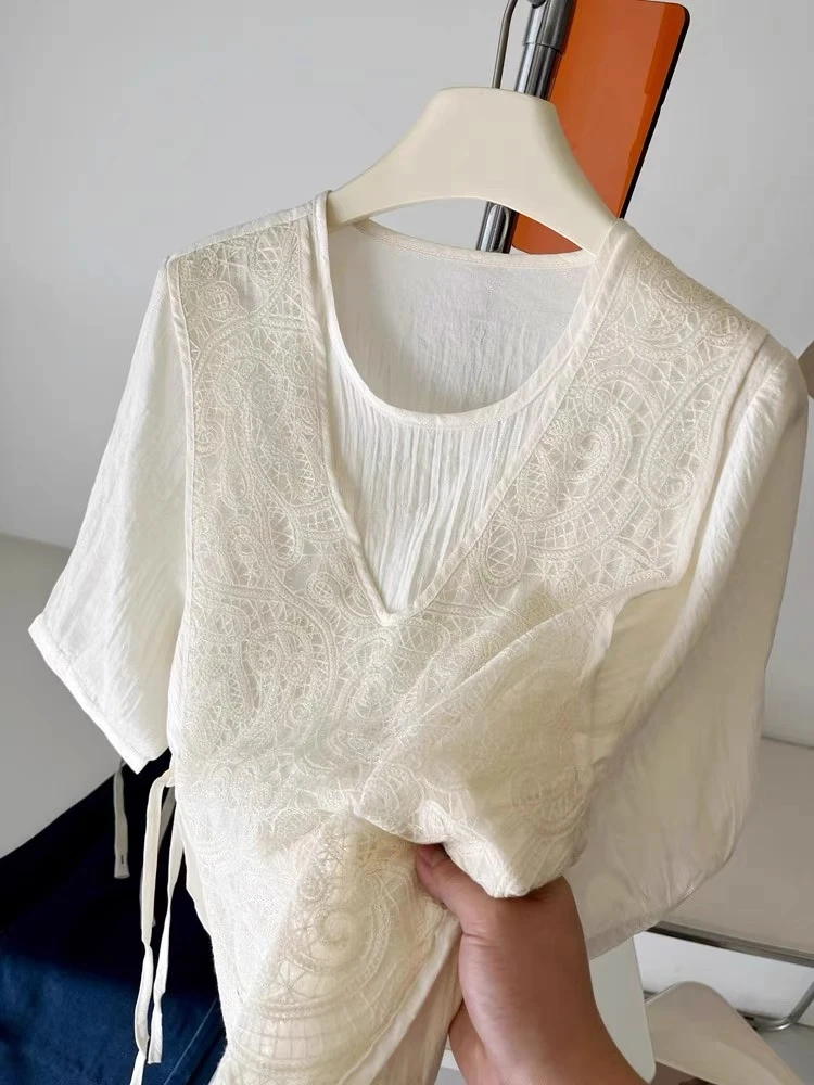 五分袖短袖纯色蕾丝衬衫假两件百搭气质宽松夏季上衣