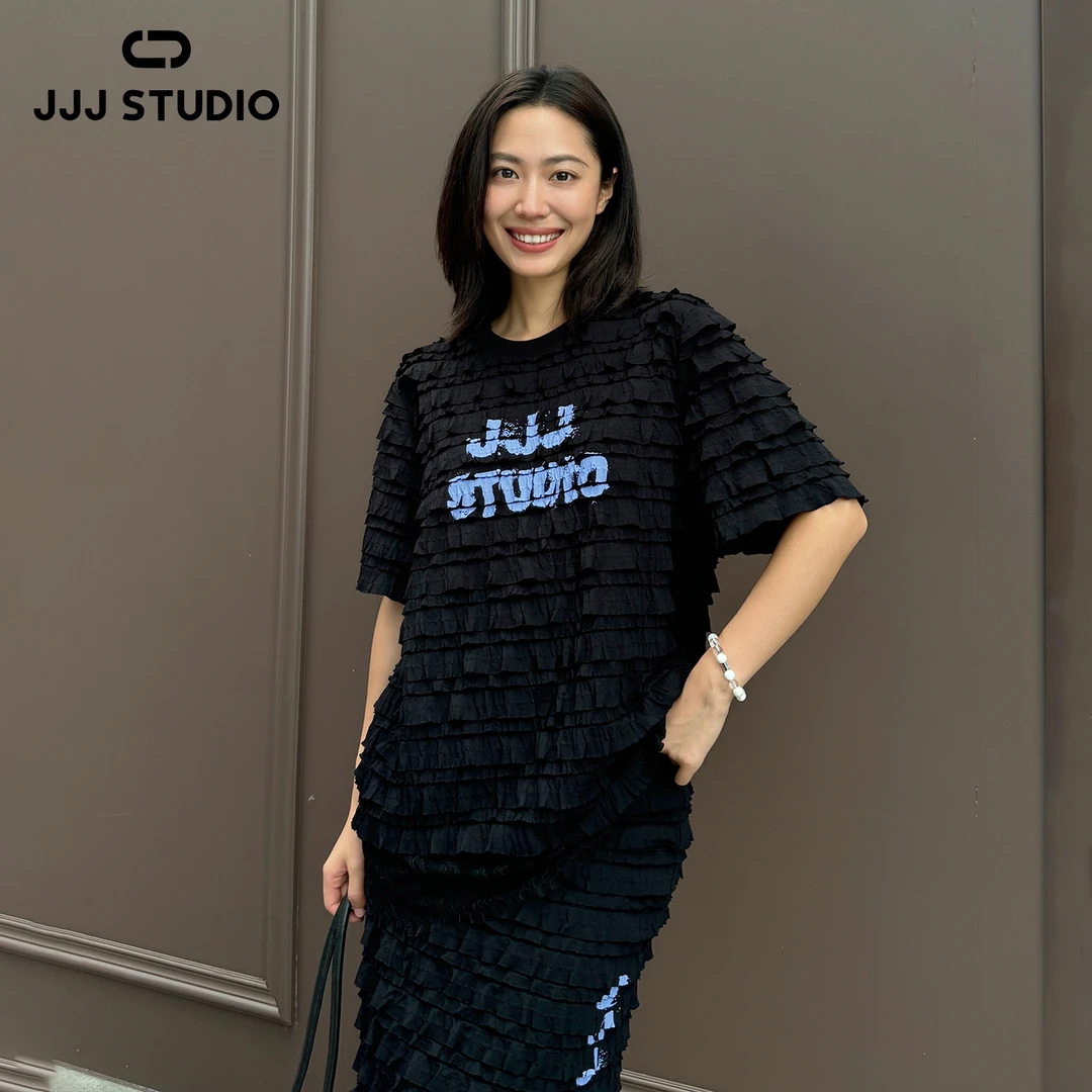 JJJ STUDIO黑色荷叶边拼接蕾丝法式优雅上衣25夏季新款JDWWR1N195