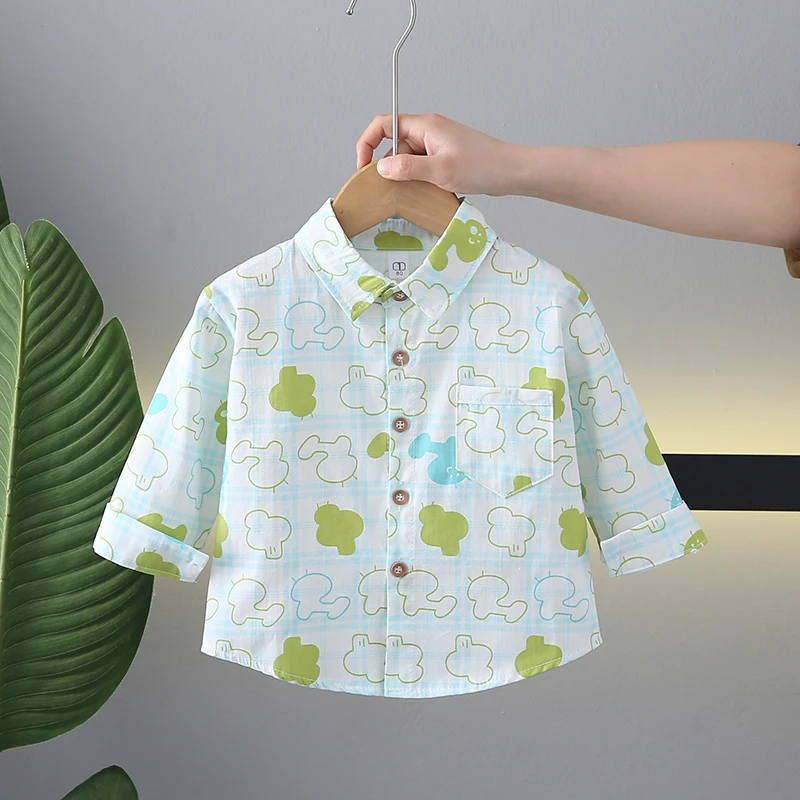 儿童衬衫男童2025新款洋气卡通格子宝宝春季长袖薄款衬衣纯棉外套