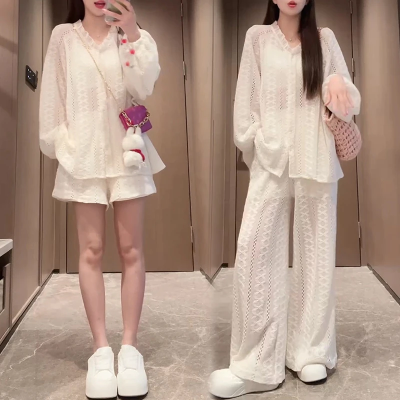 法式镂空显瘦套装女2025夏季新款薄款防晒罩衫休闲阔腿裤子两件套