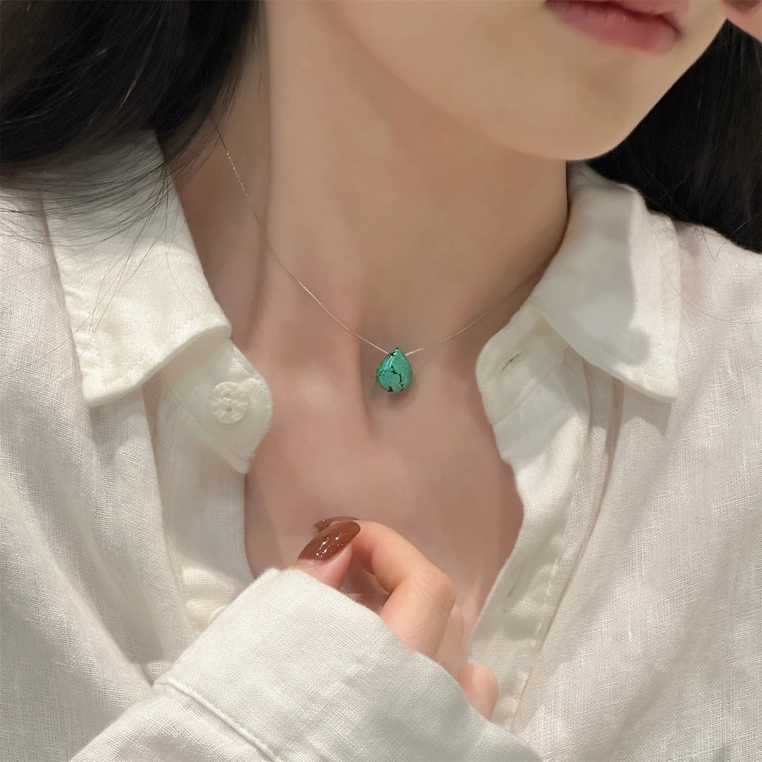 一禅兄>925银水滴松石吊坠细细项链 约 45CM小众设计感多样性一件