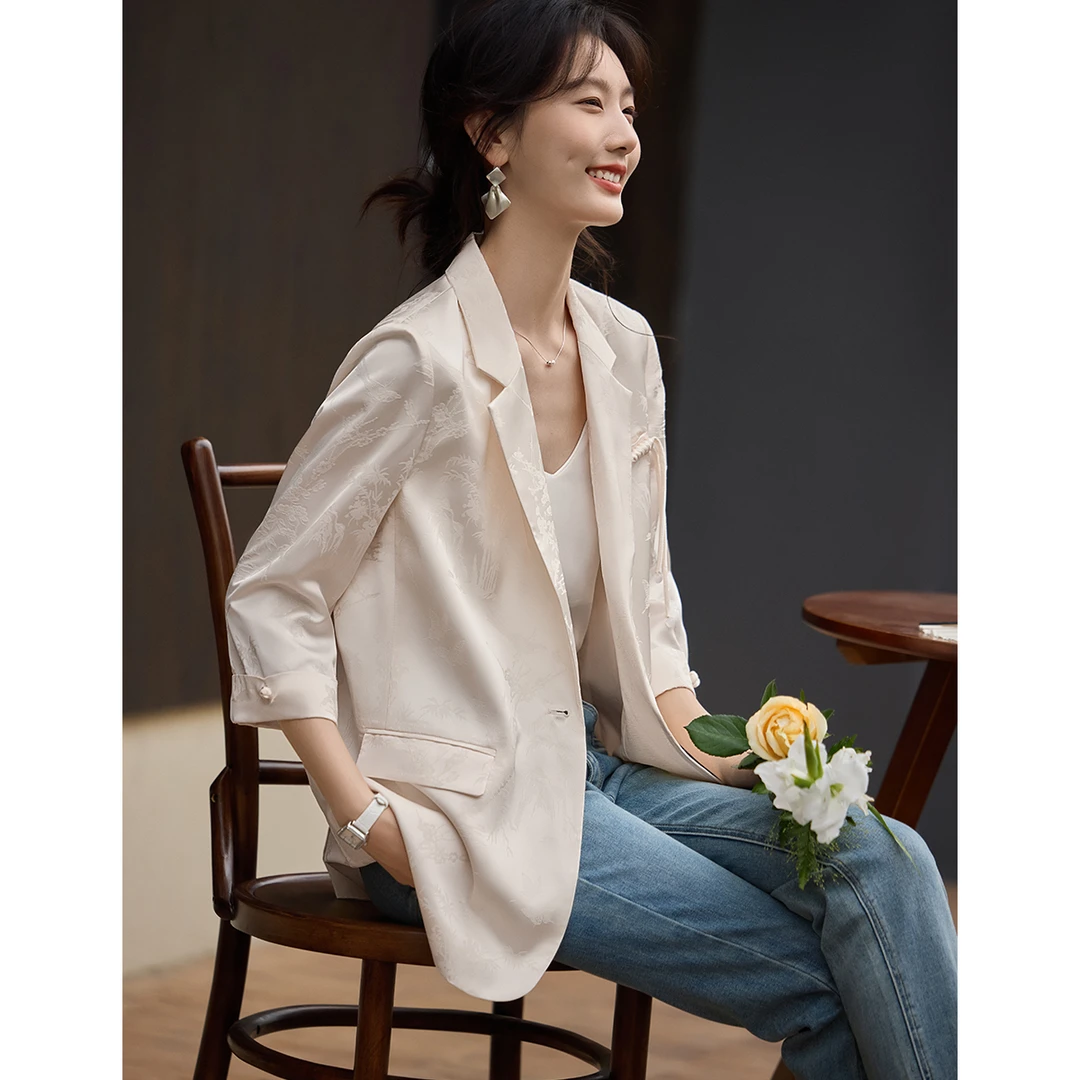 新中式国风西装外套女2024秋季新款高级感提花翻领小西服