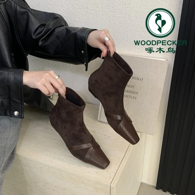 啄木鸟复古短靴女2025秋季新款韩系方头瘦瘦靴弹力靴猫跟小踝靴女