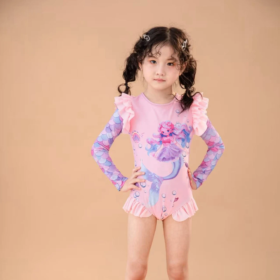 女童长袖可爱美人鱼连体泳衣群