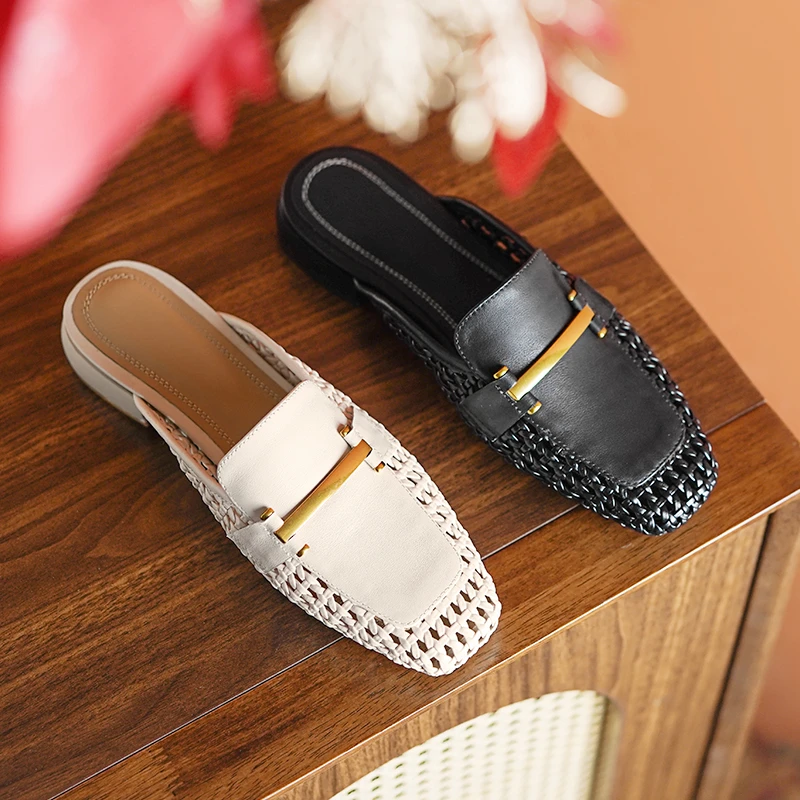 3cm/牛皮/粗跟编织皮拖鞋女夏季透气复古方头中跟懒人穆勒鞋女40