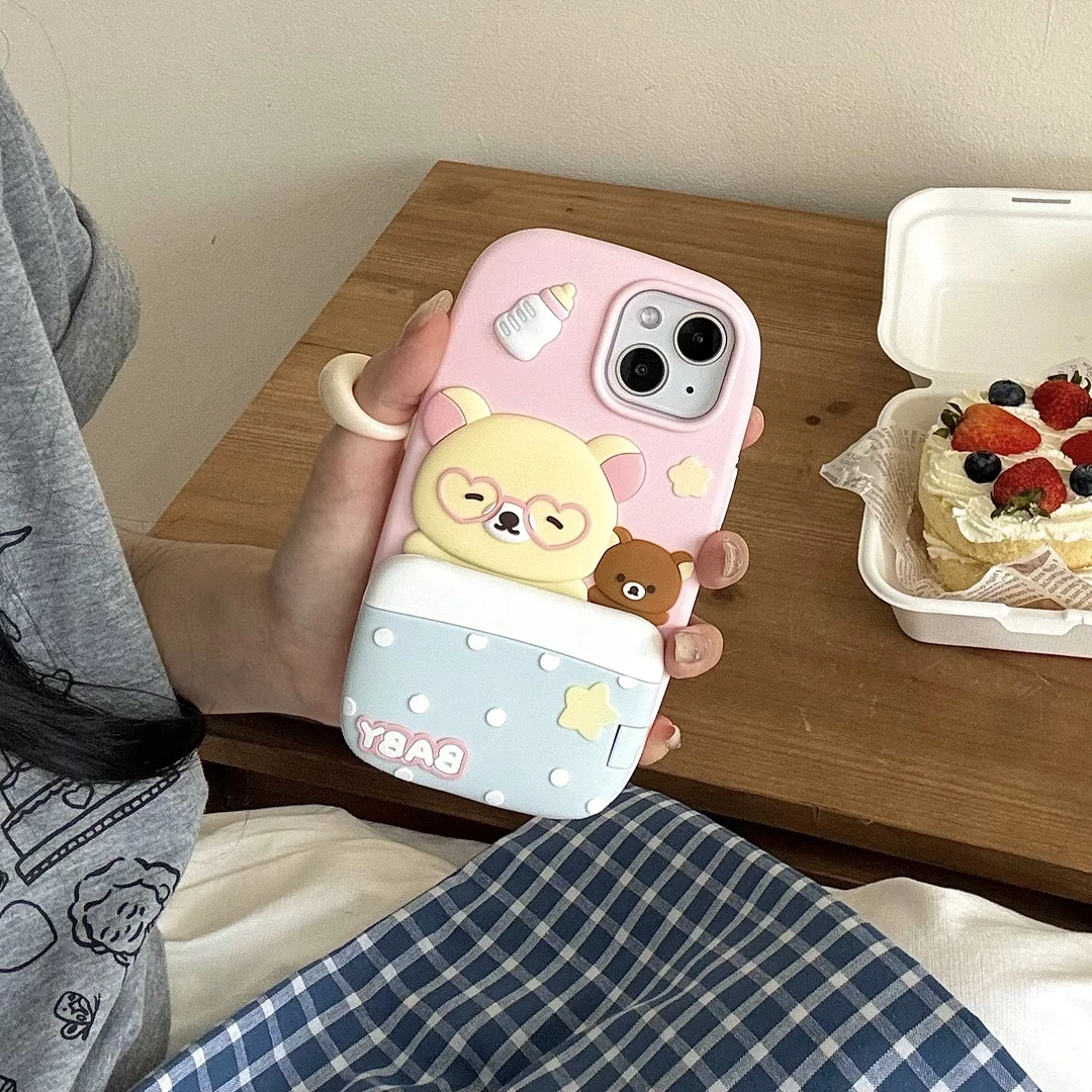 可爱眼镜小熊被子支架手机壳适用16promax苹果15卡通14新款13p女