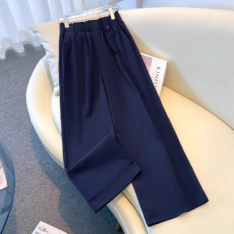藏青色天丝棉阔腿裤女夏季薄2026新款松紧高腰宽松卷边九分直筒裤