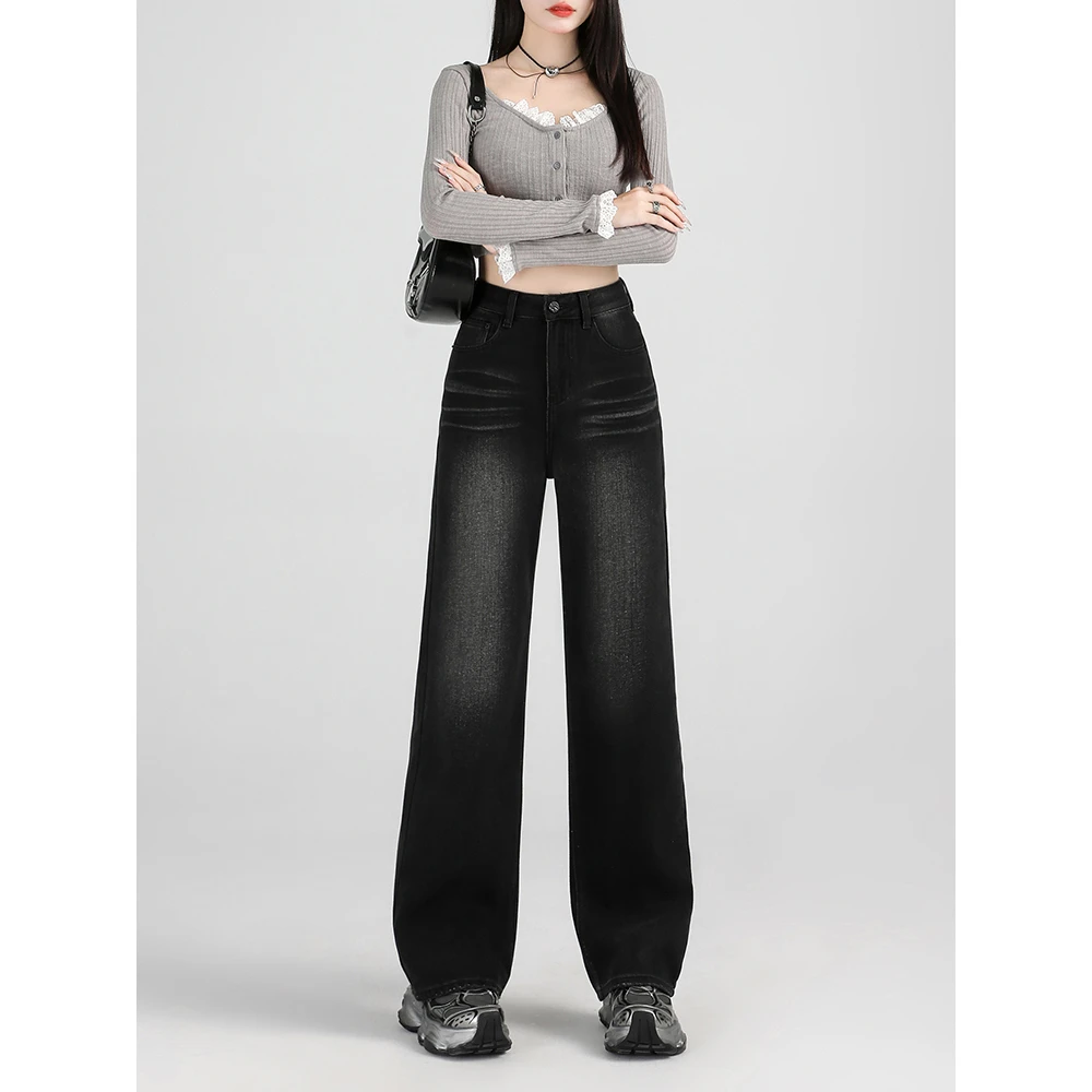 牛仔裤阔腿裤高腰直筒黑色长裤裤子春秋89118