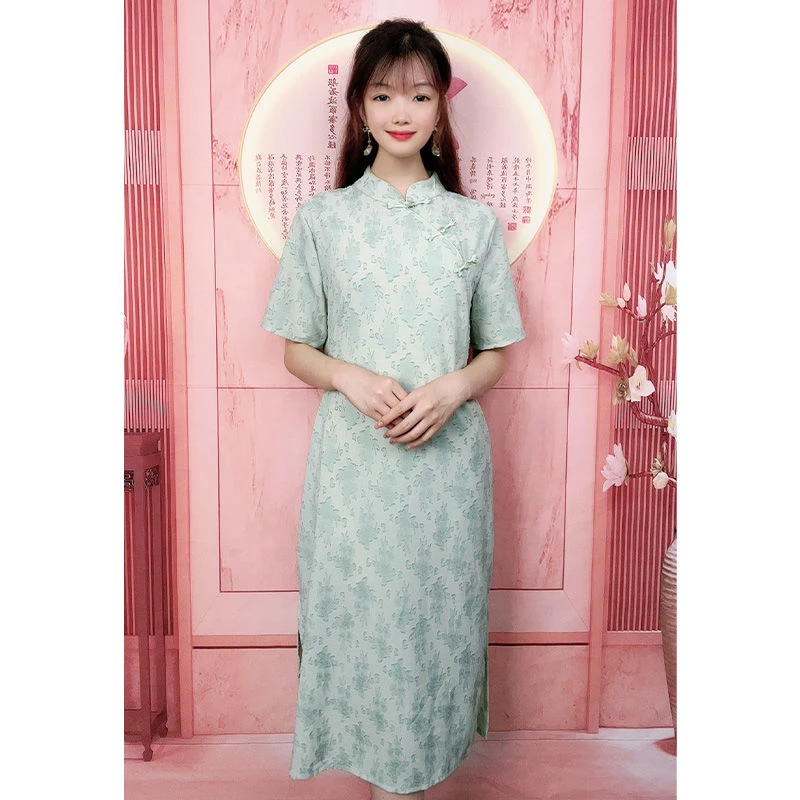 6925#绿色提花- 夏季印花素色纯色提花立领古风旗袍斜襟