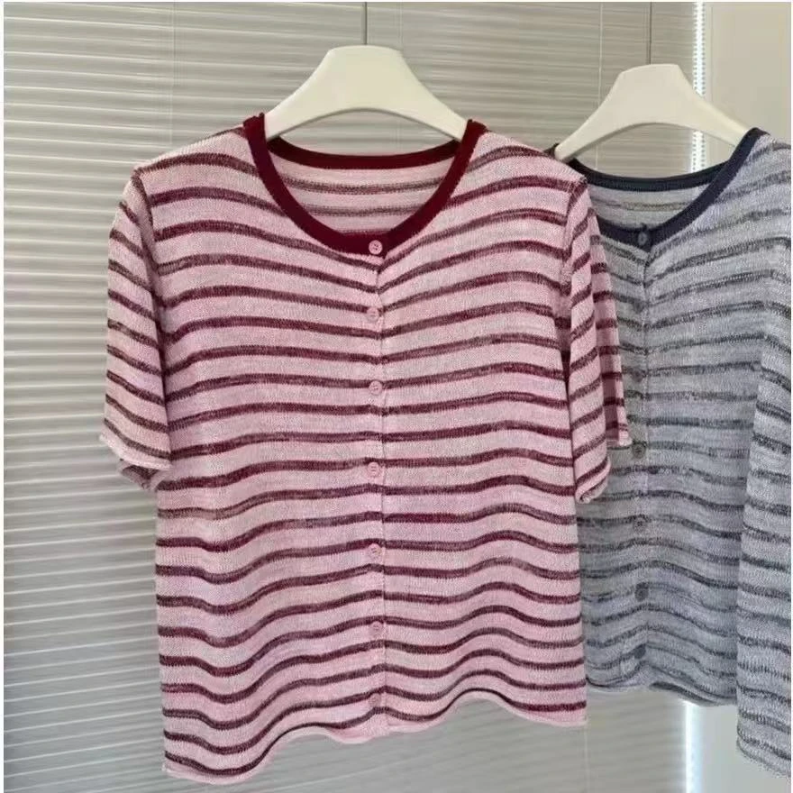 55113夏季彩色条纹薄款冰丝开衫针织短袖女t恤2025新款高级感上衣