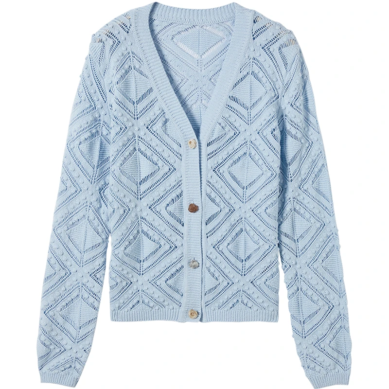 对白提花镂空V领针织开衫毛衣外套DYZB-FDE116