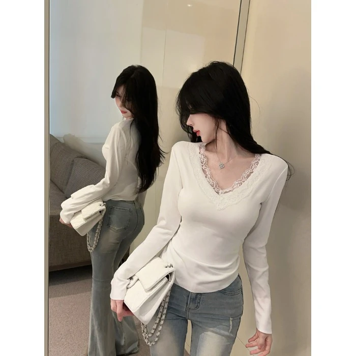 纯欲蕾丝内搭打底衫女2025秋冬新款气质白色V领茶艺长袖T恤上衣