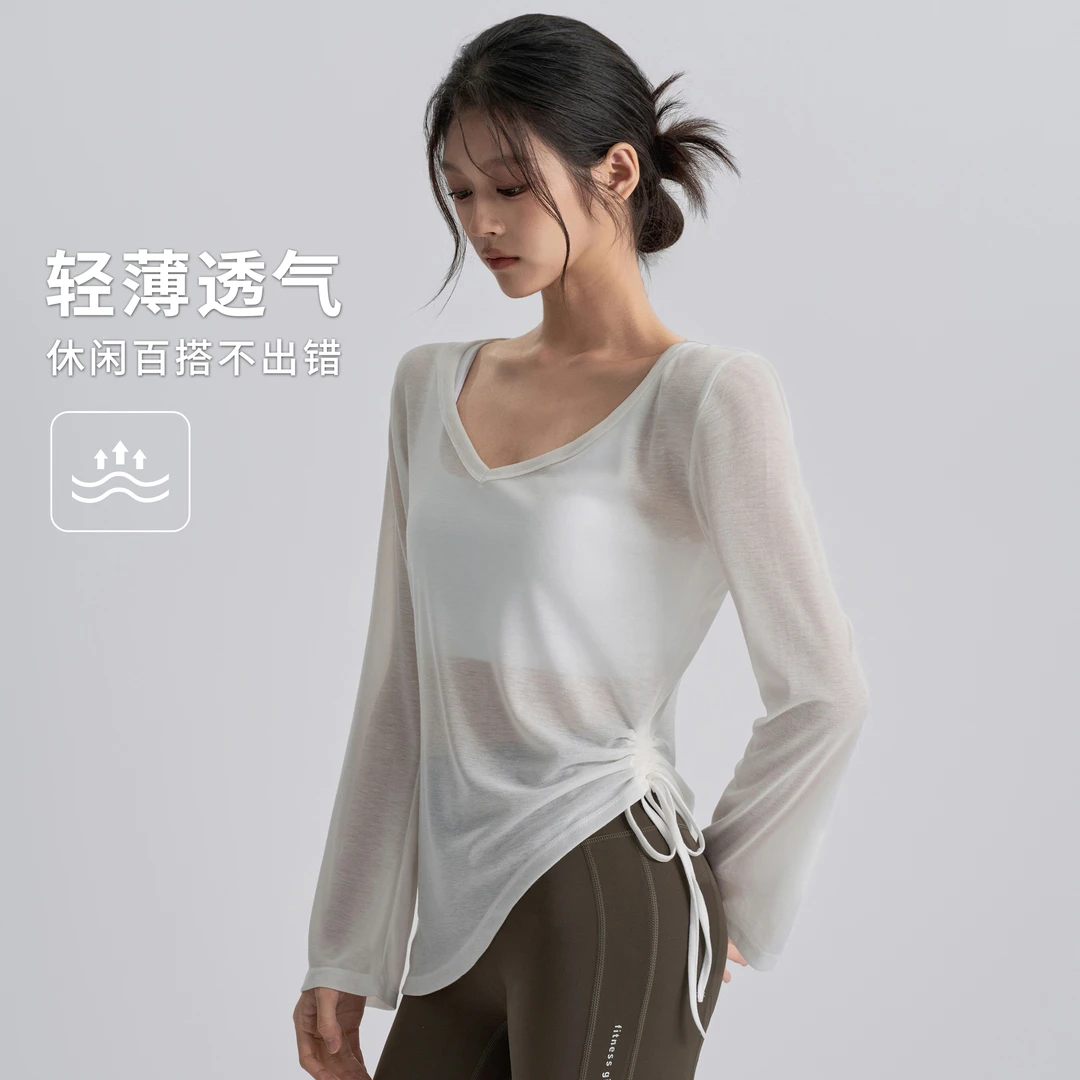 薄款瑜伽服罩衫女速干透气宽松运动长袖性感v领遮肉显瘦健身上衣