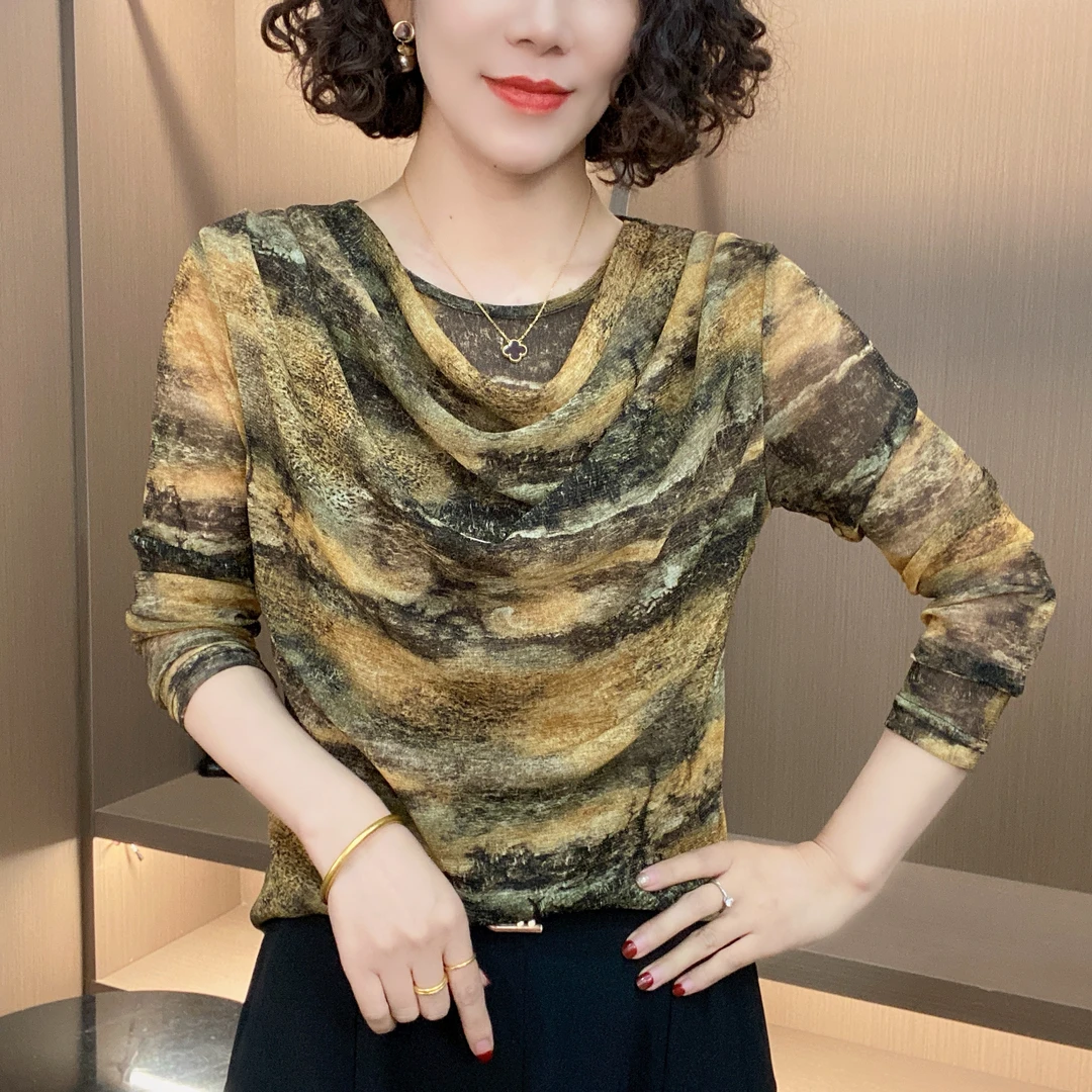 爆款夏装时尚女装气质显瘦时尚短袖堆堆领印花百搭阔太太气质上衣