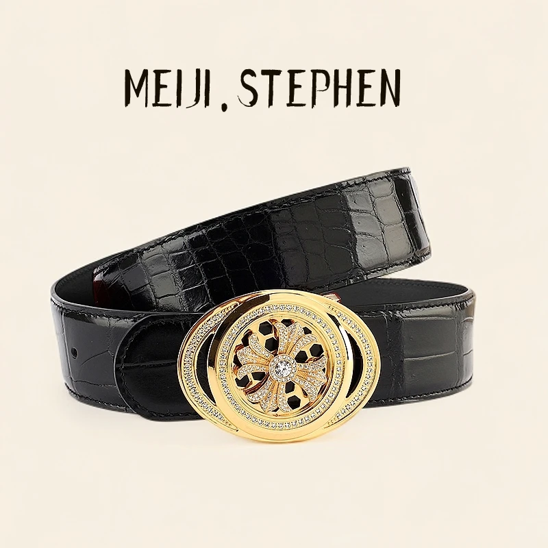 明治史蒂芬品牌鳄鱼皮高档旋转平滑扣腰带真皮男款皮带潮流时尚款