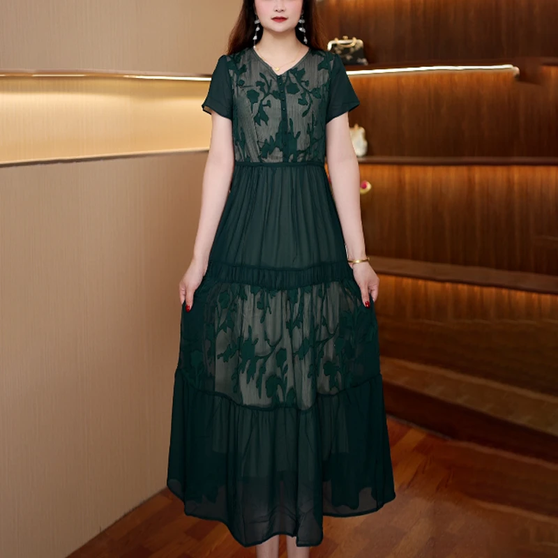 [双层绿色]新款百搭显瘦连衣裙女中长款363
