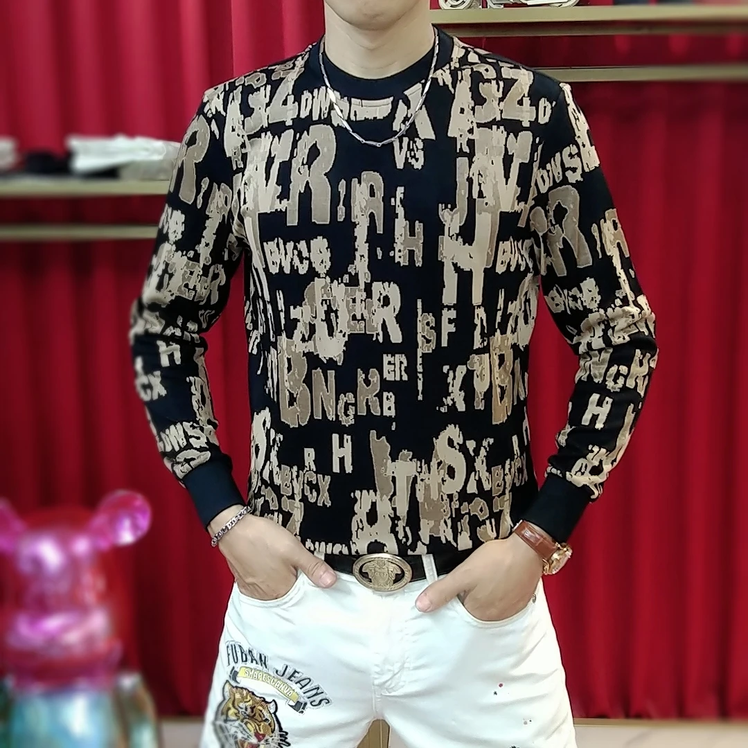 欧版男士新款时尚休闲提花秋季长袖T恤潮流修身帅气圆领套头卫衣