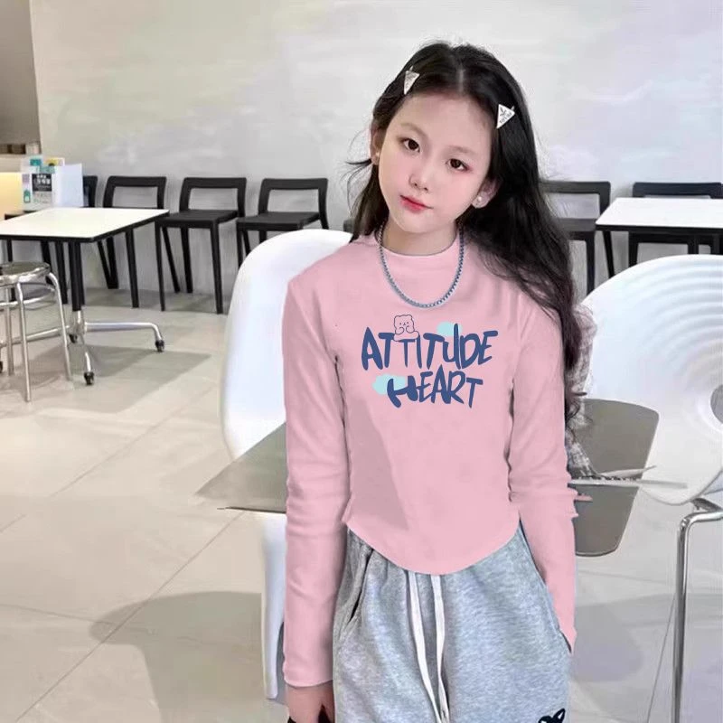 纯棉秋冬上新薄款女长袖t恤中大儿童弧形可爱设计感印花ins风上衣