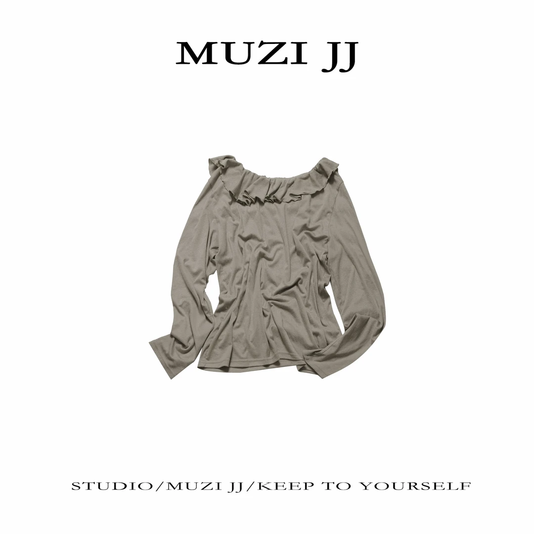 MUZI-25573#法式简约时尚新款荷叶边一字领长袖上衣
