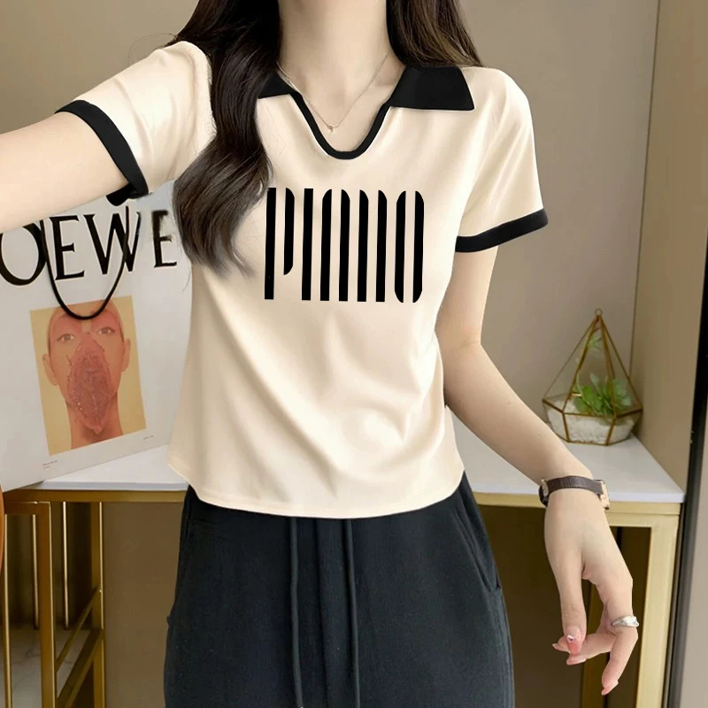 大码胖mm正肩短袖T恤女夏季polo衫撞色修身显瘦短款翻领辣妹上衣