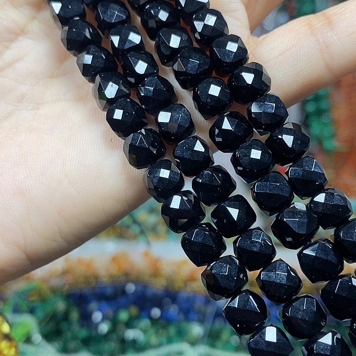 玛瑙/玉髓未镶嵌珠宝半成品纯黑玛瑙切面方糖卡7mm一条