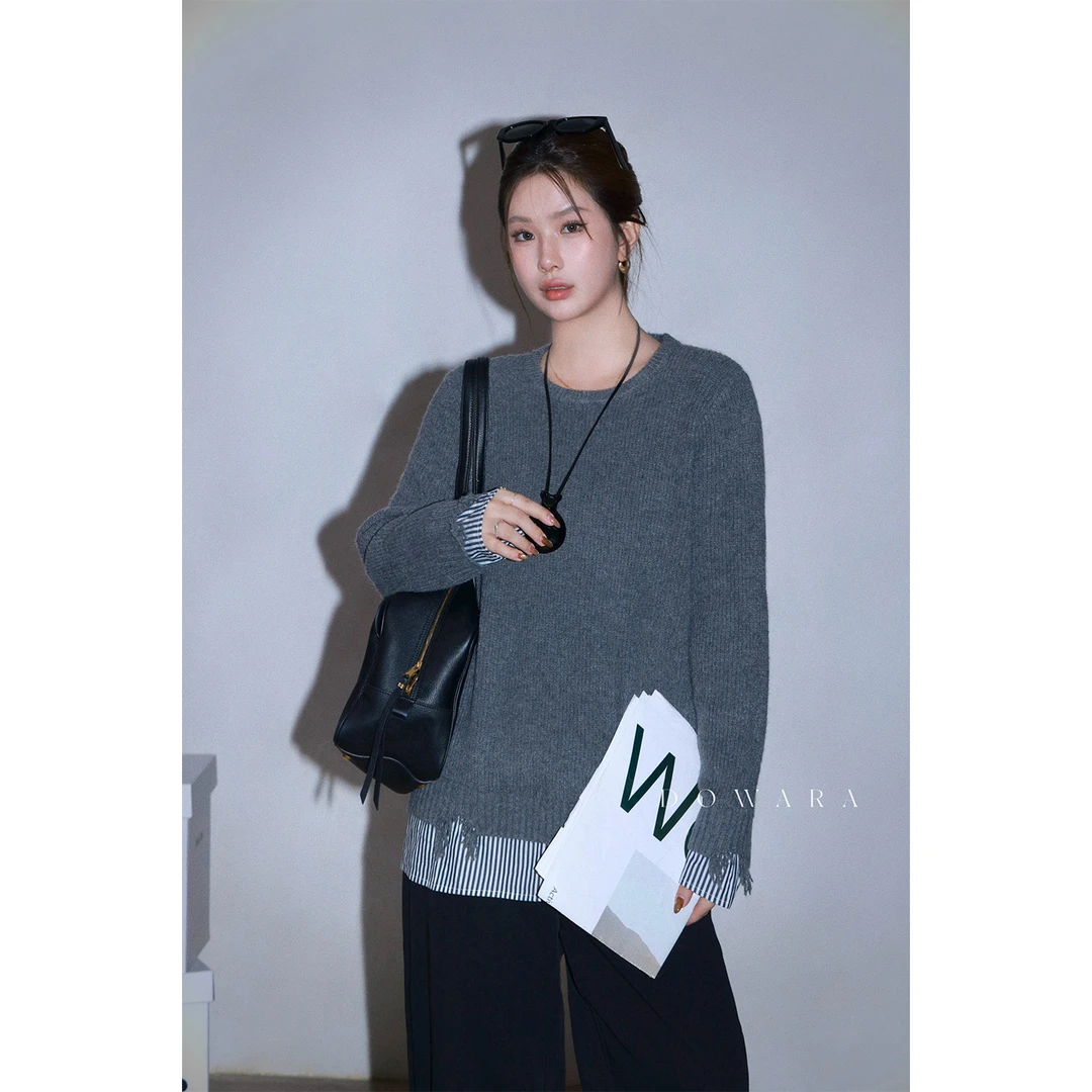 现货大婉酱微胖定制【维罗纳秋日】山羊绒宽松柔软假两件上衣 1073D