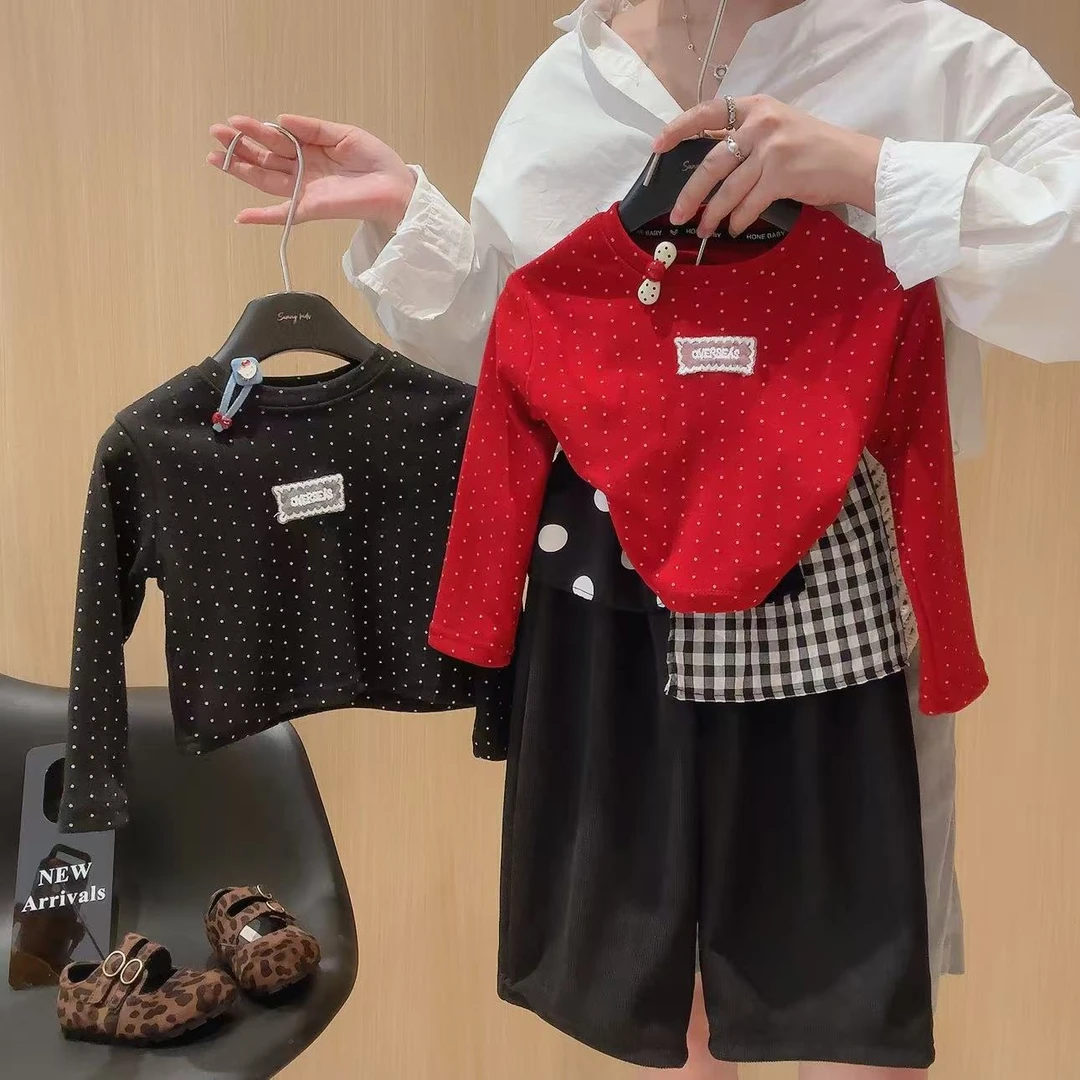 2025女童新款波点上衣拼接直筒裤套装百搭时尚爆款套装洋气可爱