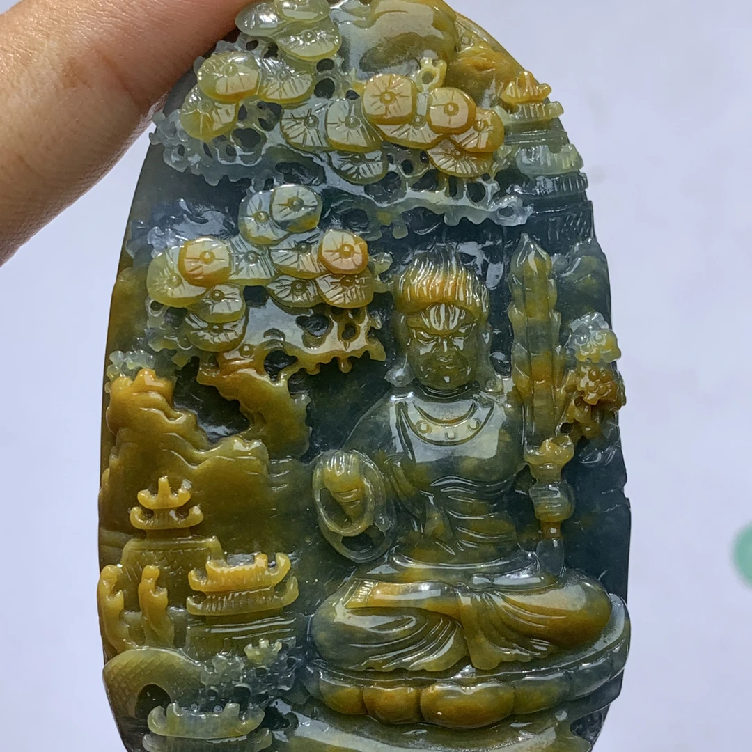 天然翡翠Ａ货双彩黄蓝纯手工巧雕俏色不动冥王