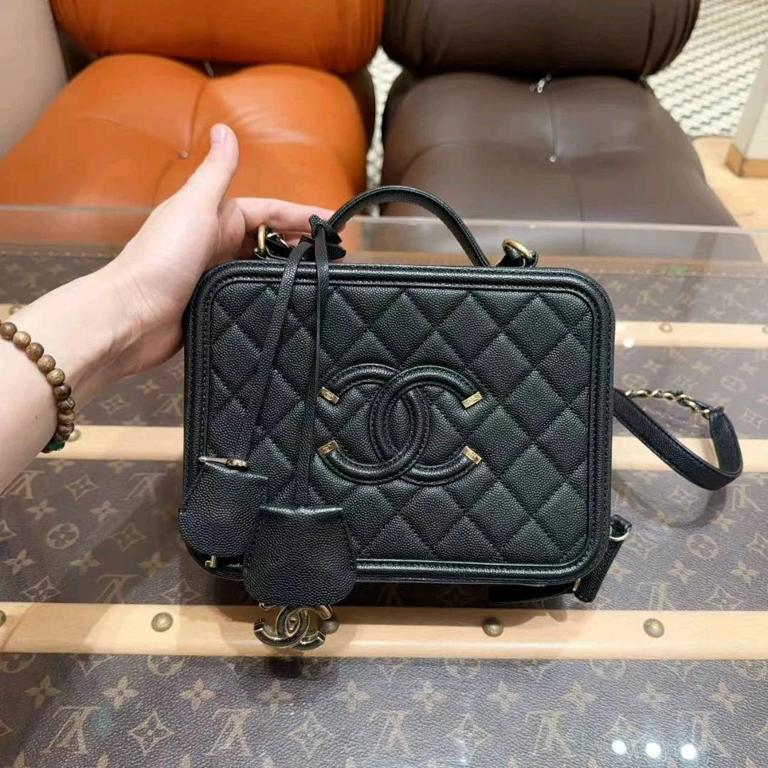 99新 Chanel/香奈儿 Vanity case 黑金荔枝皮相机包 手提斜挎链条