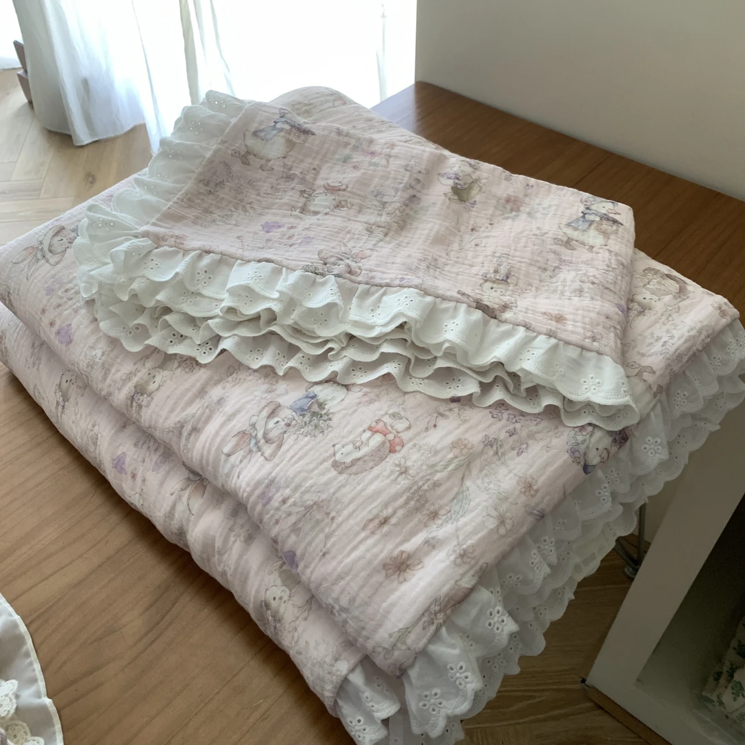 卡通公主风镂空花边全棉夏被三件套