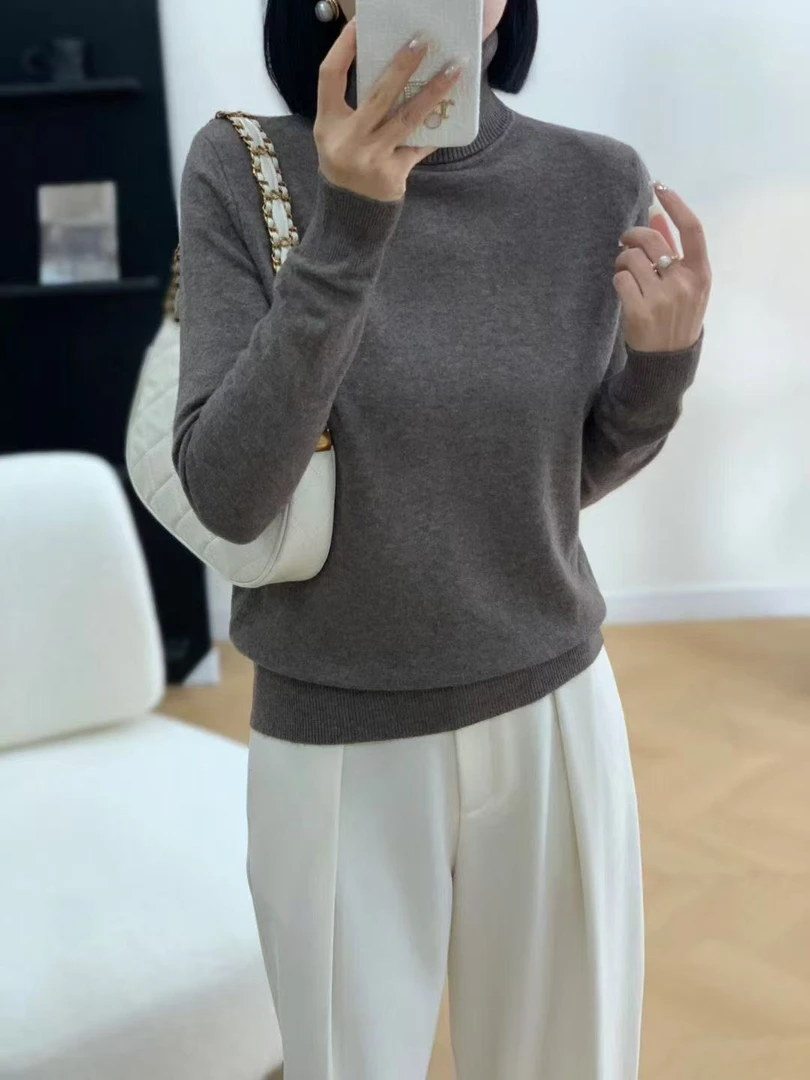羊毛混纺修身百搭高领女网红常规版女士圆领秋冬时尚套头纯色女装