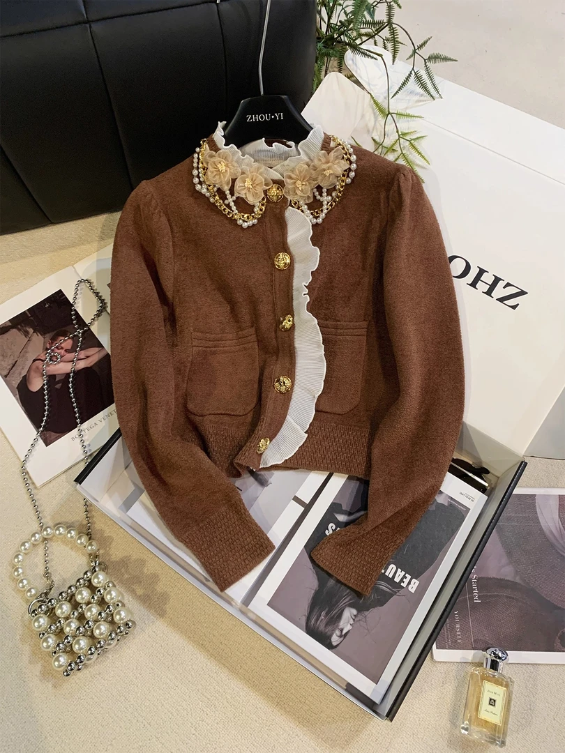 高级感静奢风花朵荷叶边钉珠短外套女装秋季轻熟风宽松针织衫上衣