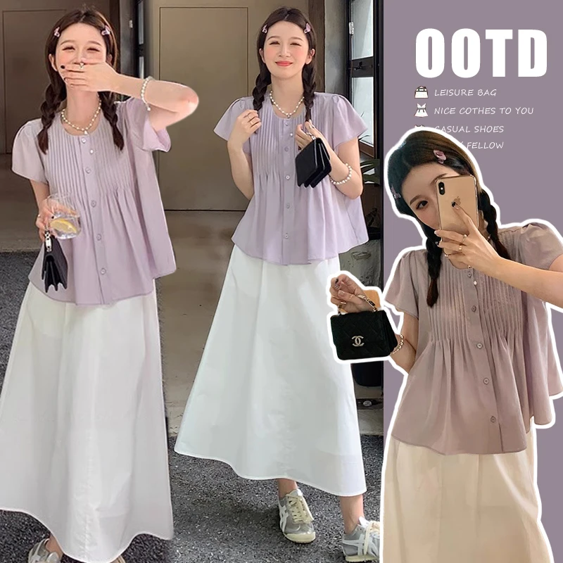 2025年新款孕妇夏装棉衬衫上衣+孕妇半身裙套装减龄宽松韩版