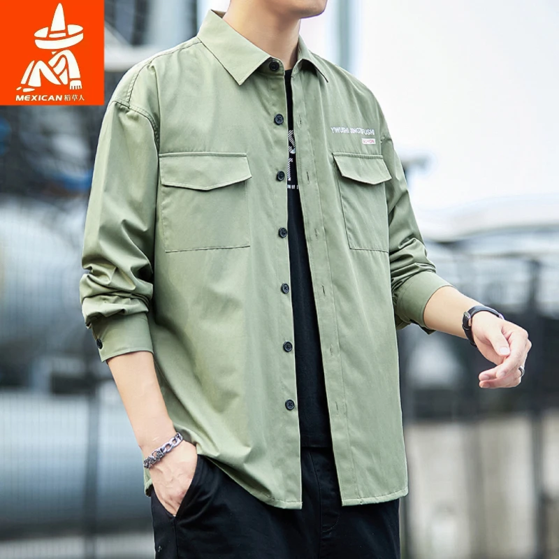 稻草人男士长袖衬衫休闲宽松免烫工装港风衬衣春秋季新款百搭上衣