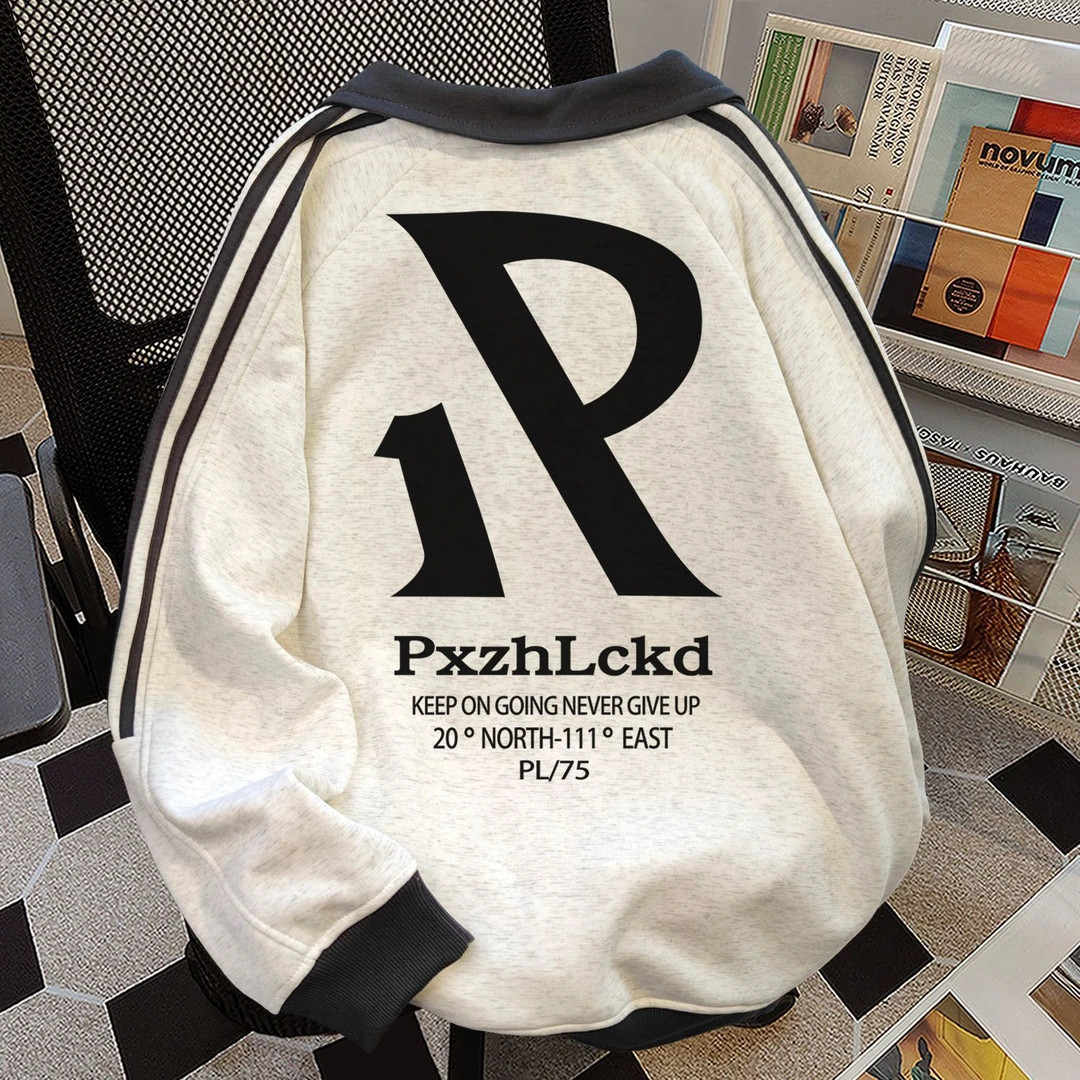 美式复古宽松显瘦欧美三条杠翻领拼接卫衣加绒加厚男女秋冬季外套