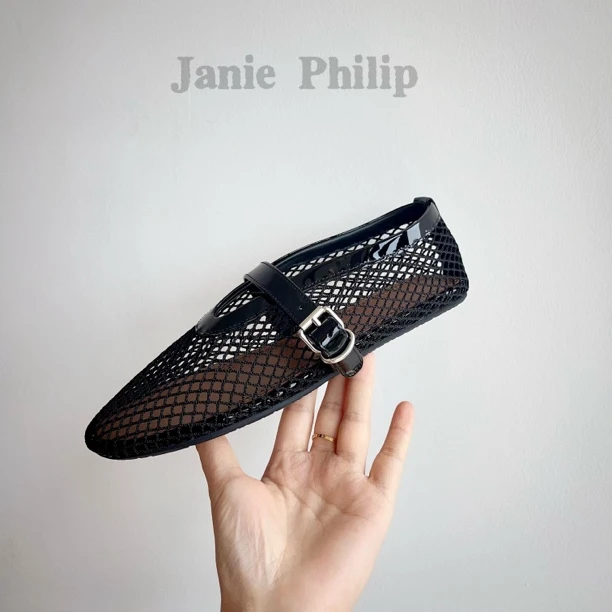 janie Philip 夏季V扣一字扣镂空芭蕾舞鞋平底网纱网眼女单鞋