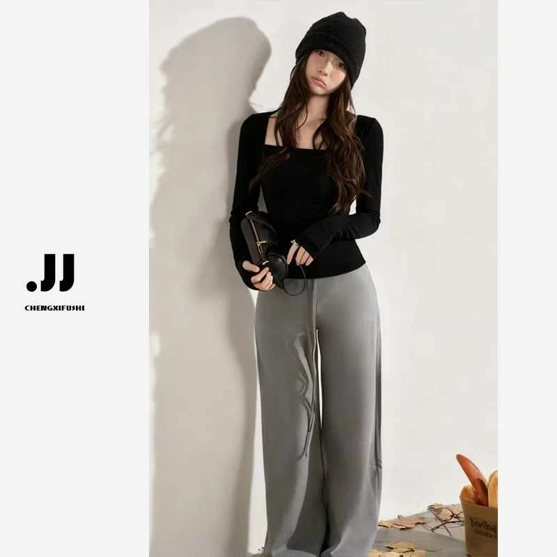 【北海花园】纯欲性感辣妹假两件拼接显瘦气质包肩长袖T恤H902