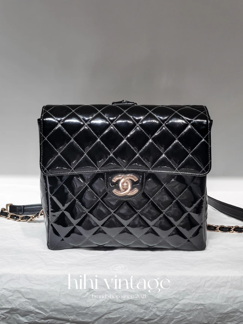 95新 Chanel/香奈儿 黑金漆皮双肩包 3开