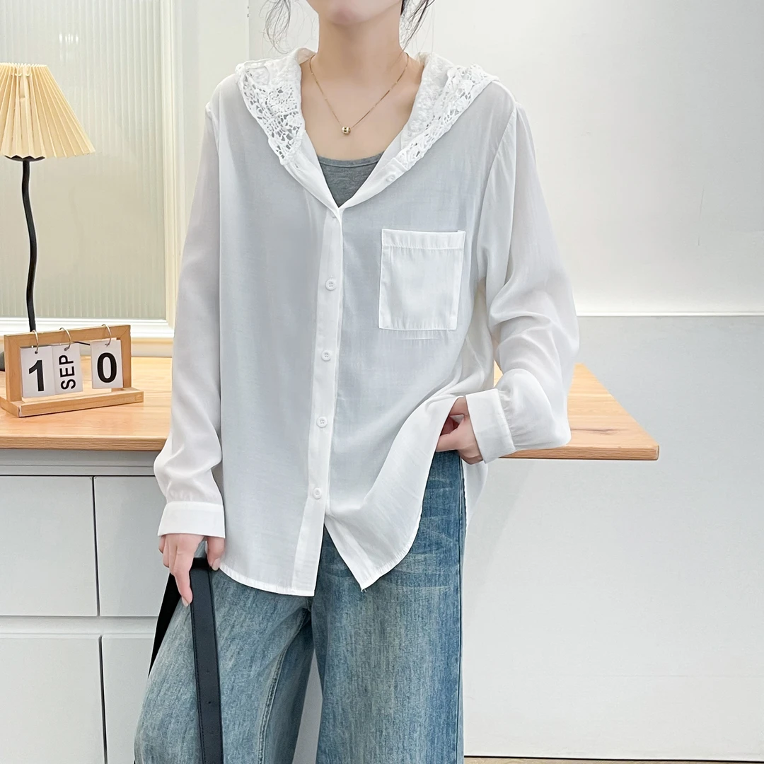 大码胖mm法式镂空钩花连帽防晒衬衫女夏薄款宽松休闲显瘦透气上衣
