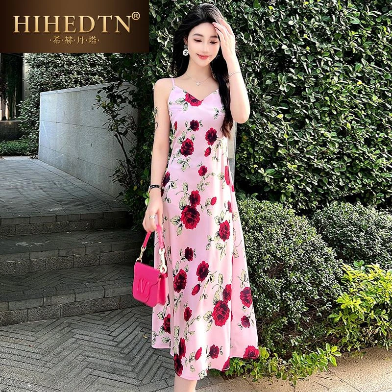 希赫丹塔法式吊带裙夏季新款碎花短袖连衣裙高级感海边度假碎花裙