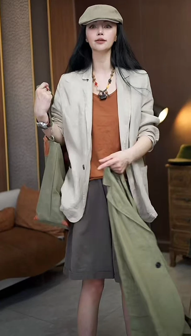 春季新款长袖汉麻小西装外套V领女士文艺复古休闲上衣25005
