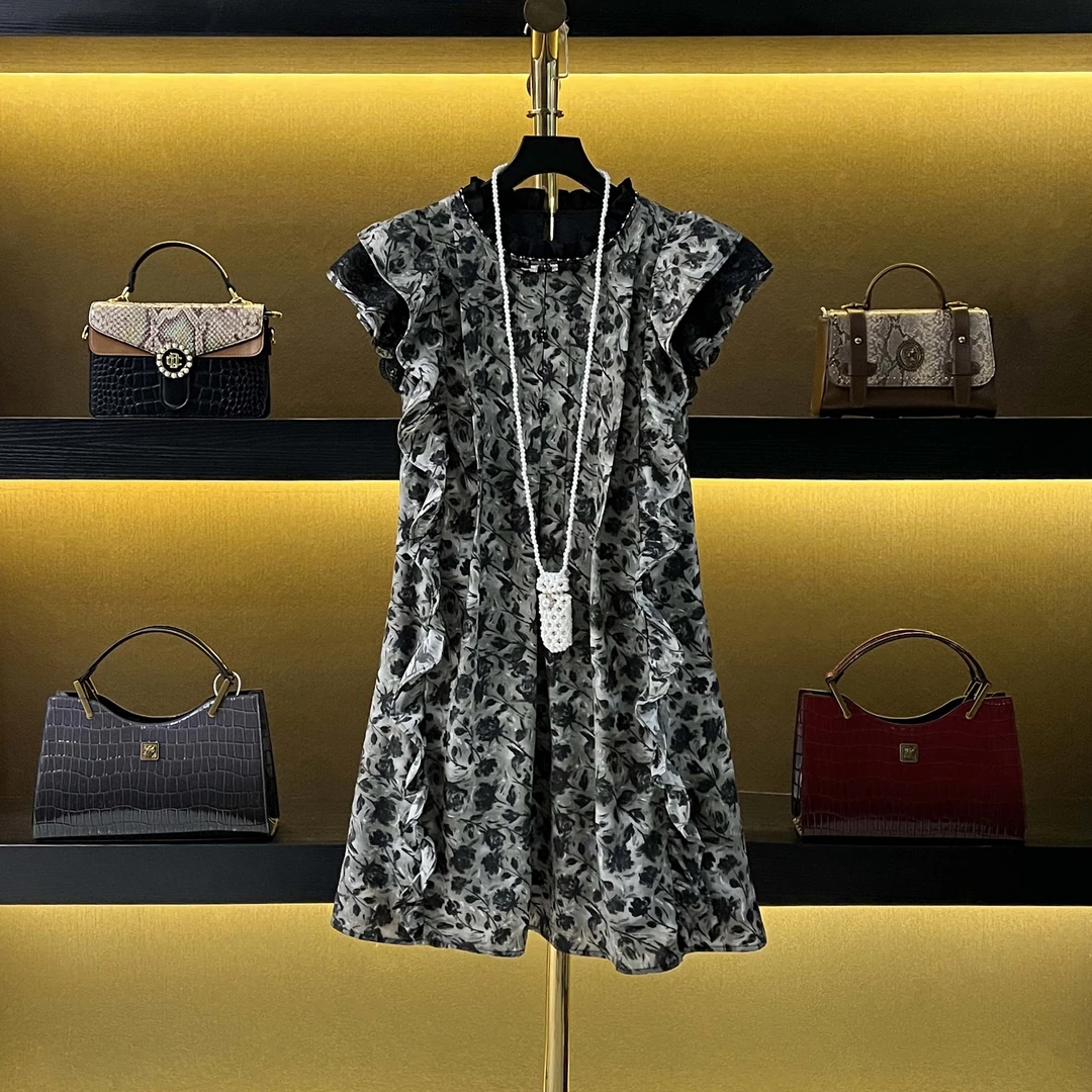 【莘子专属】法式夏季显瘦时尚气质百搭碎花灰色连衣裙