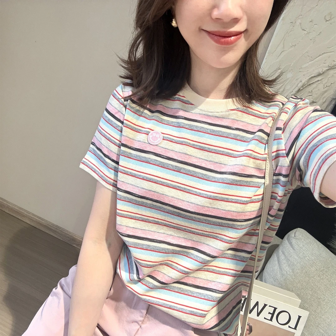 粉莓千层 色纺彩色条纹笑脸T恤衫