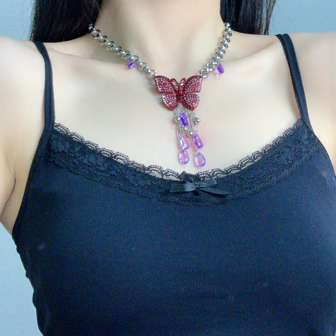 合金亚克力项链 2573镶钻蝴蝶水滴流苏串珠爱心项链女百搭锁骨链