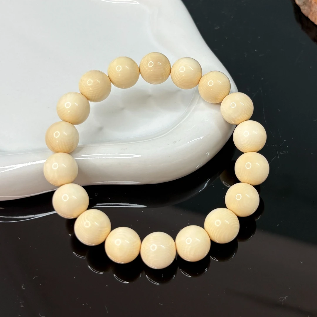 天然猛犸牙手串12mm肉芯料圆珠原色文玩手串全品无瑕毕业冰料